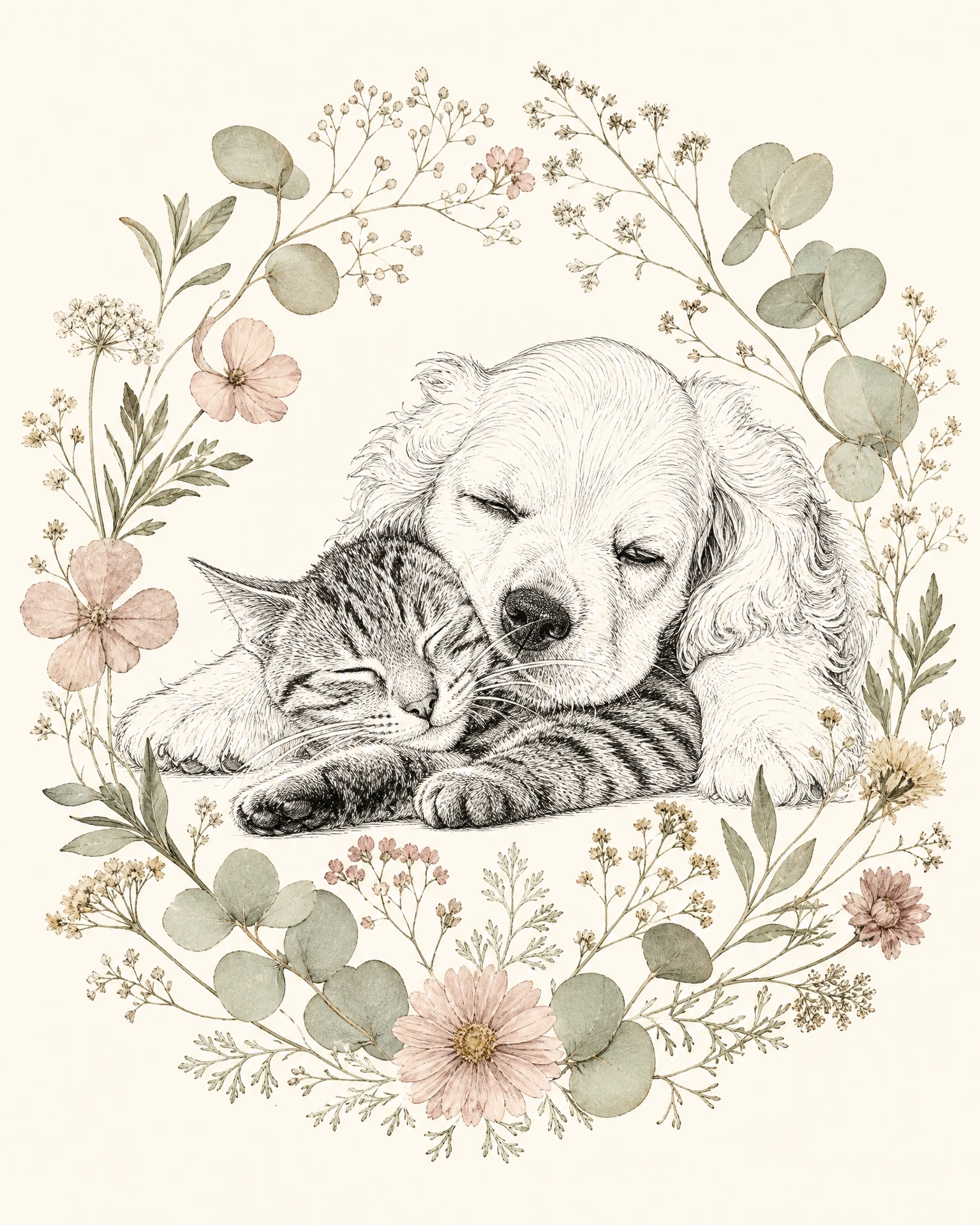 Cat and spaniel asleep together rendered in Line & Bloom