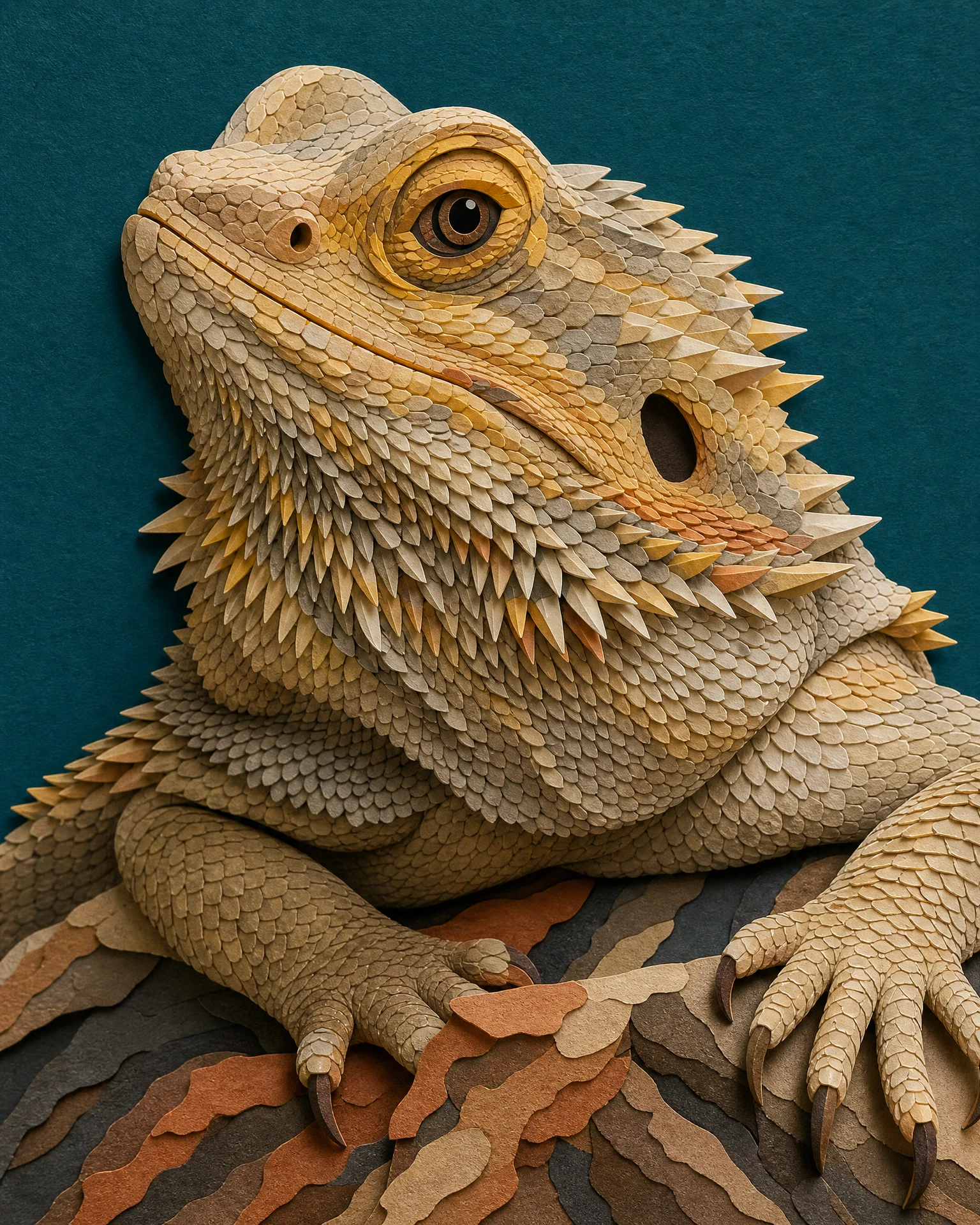 Bearded dragon rendered in Paper Cut