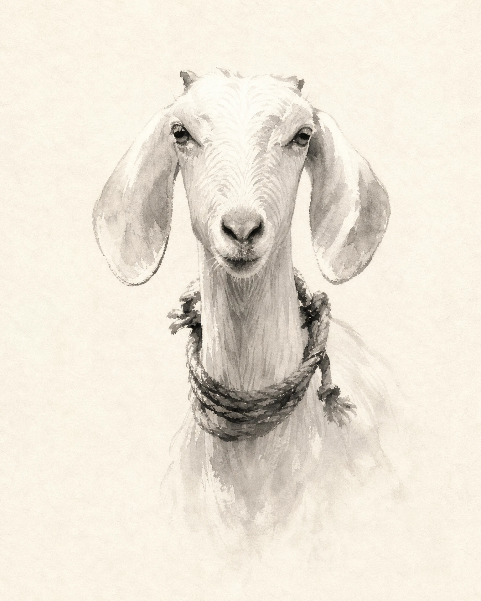 Goat in a rope collar rendered in Ink Wash