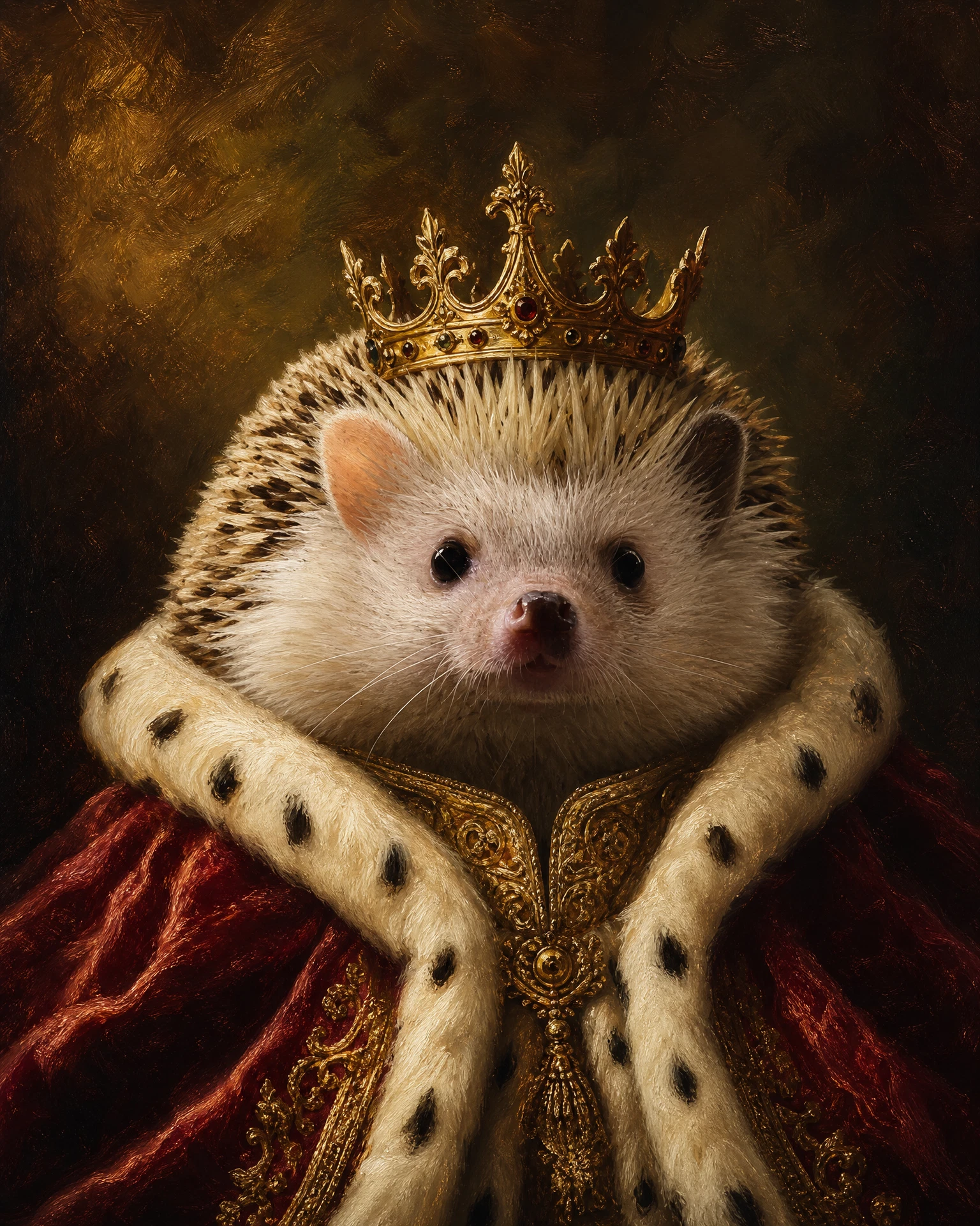 Hedgehog in a paper crown rendered in Royal Portrait