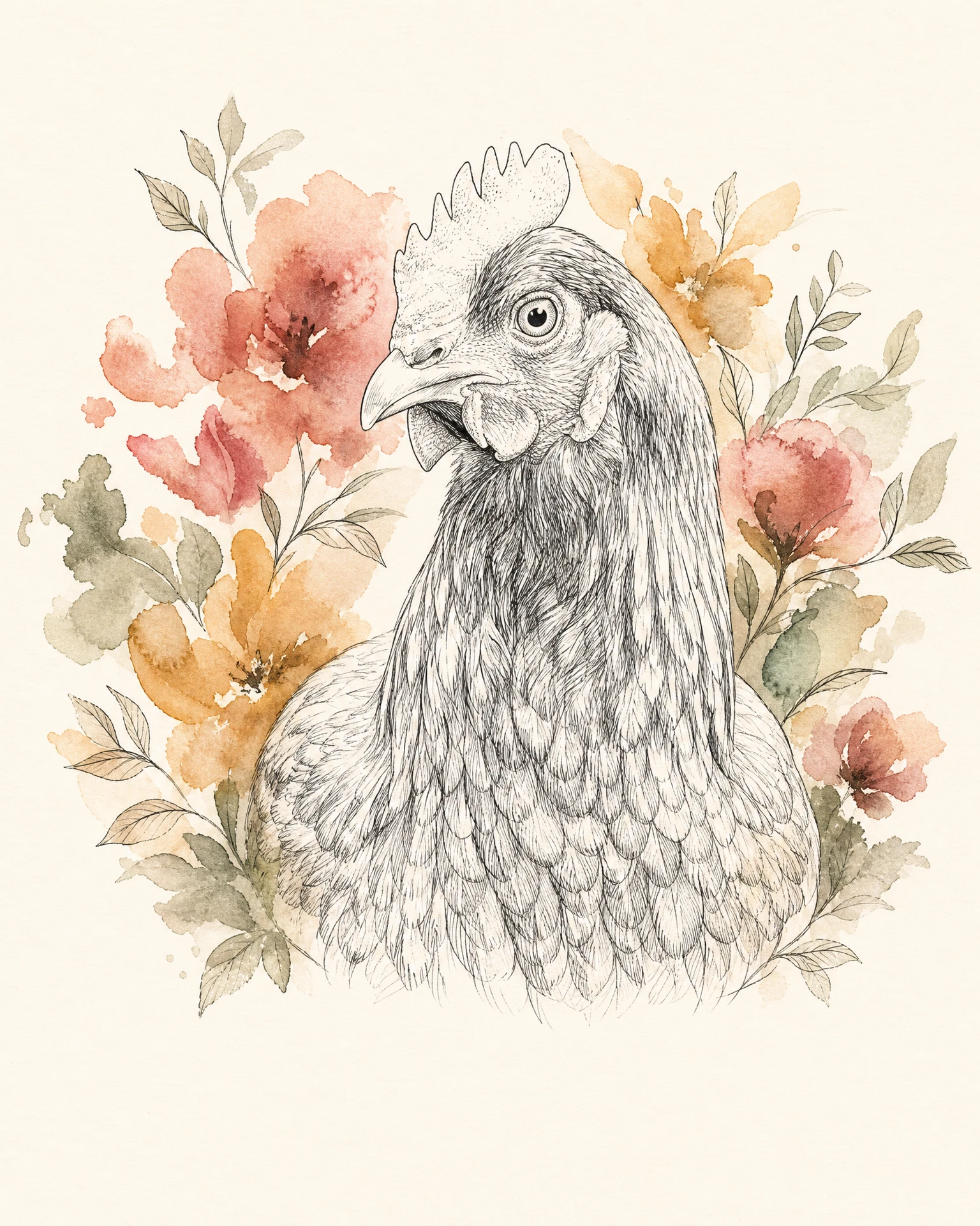Brown hen rendered in Line & Bloom