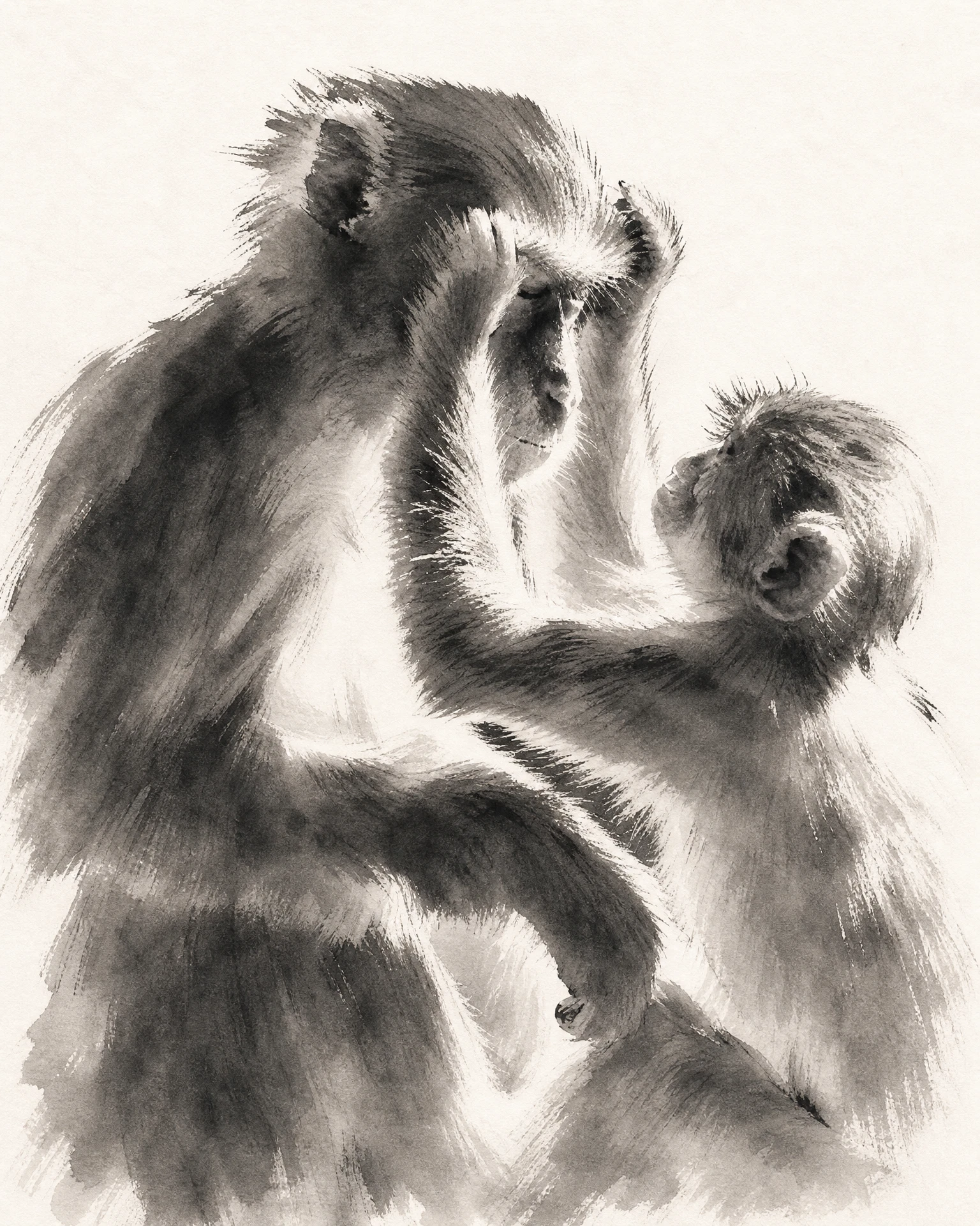 Macaque grooming her infant rendered in Ink Wash