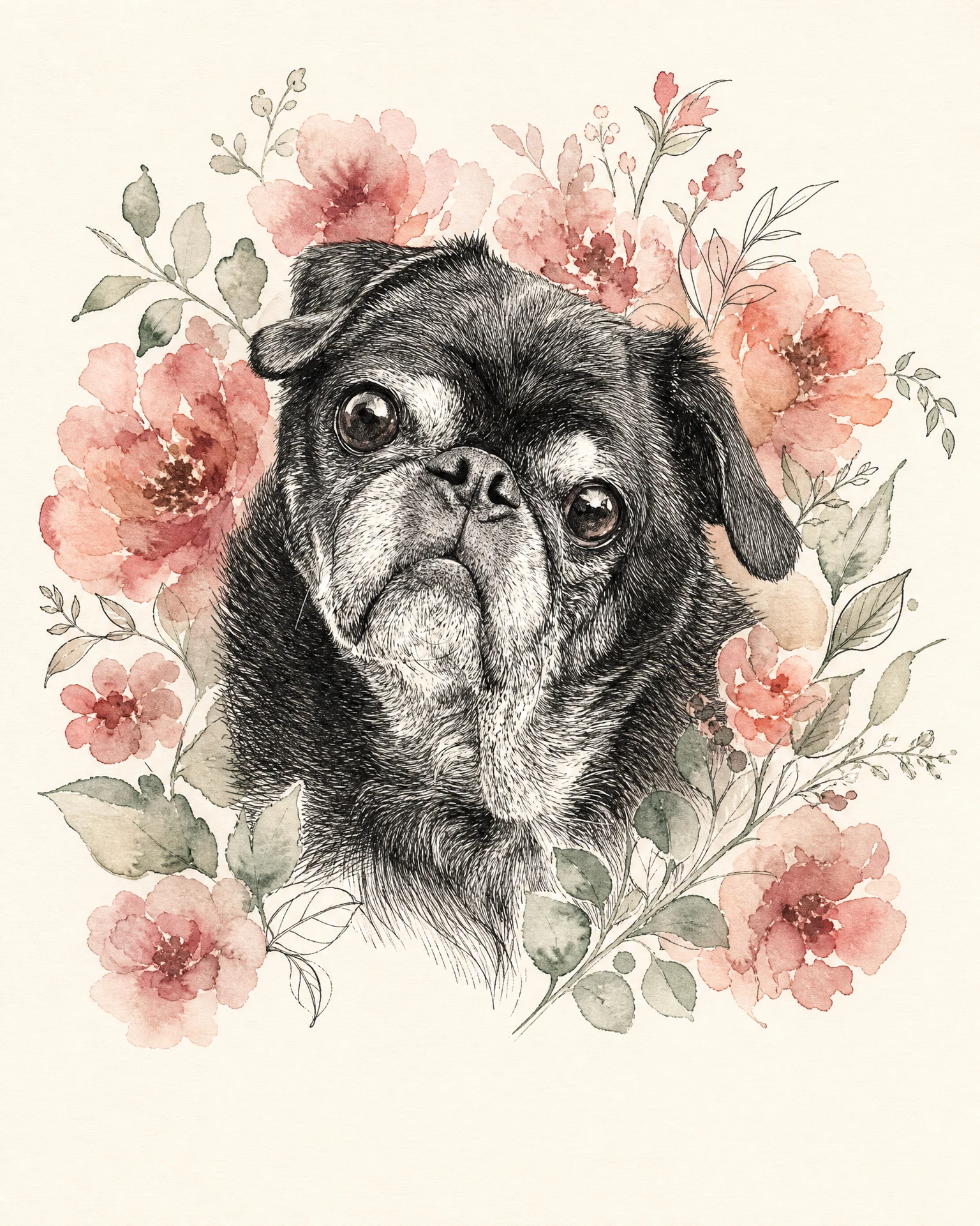 Black pug rendered in Line & Bloom