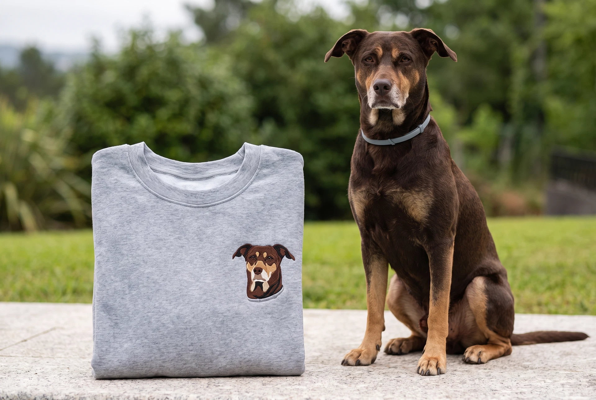 A dog sitting beside a folded sweatshirt embroidered with a small portrait of him on the chest
